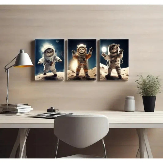 3pcs Funny Astronaut Cats on Moon Metal Print Ready to Hang Art