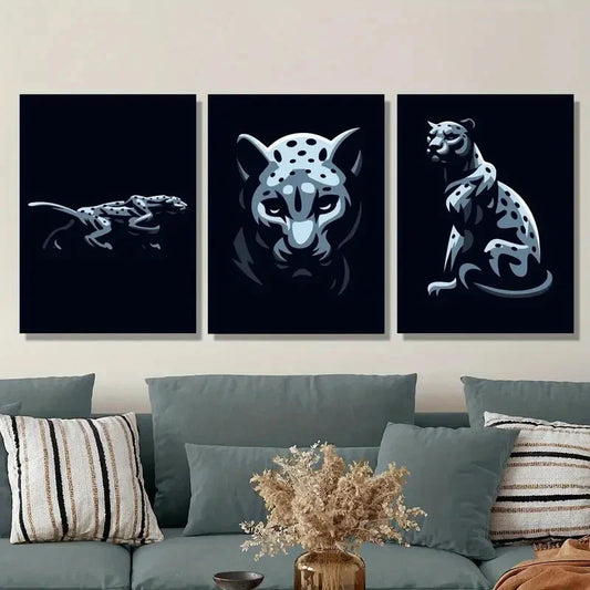 3pcs Black and White Wildlife Cheetah, Leopard Metal Print Ready to Hang Art