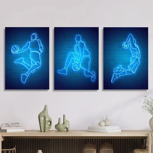 3pcs Neon Basketball Art, Sports Metal Print Ready to Hang Art