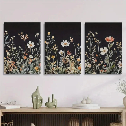3pcs ,simple floral decorative art on black back Metal Print Ready to Hang Art