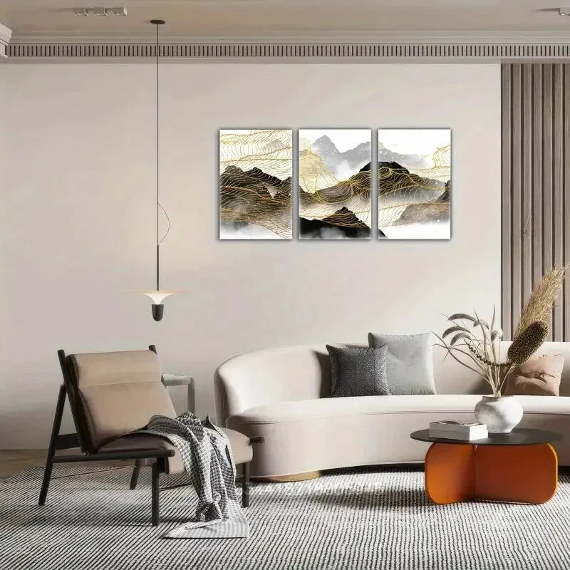 3pcs Black and white ink distant mountains Metal Print Ready to Hang Art