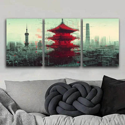 3pcs Chinese-Style Tower Metal Print Ready to Hang Art