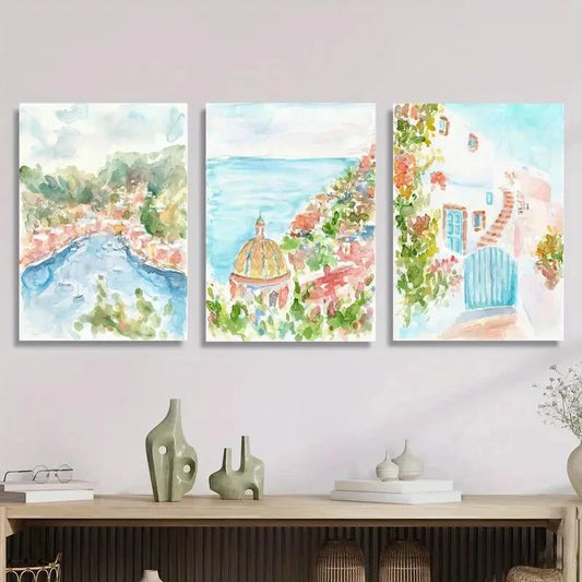 3pcs coastal city watercolor art Metal Print Ready to Hang Art