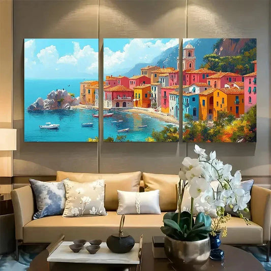 3pcs Colorful Mediterranean Town Architecture Metal Print Ready to Hang Art
