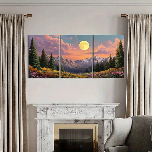 3pcs Mountain Landscape Pine Trees Wildflowers Metal Print Ready to Hang Art