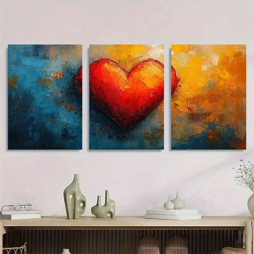 3pcs Abstract Heart Vibrant Blue Orange & Red Metal Print Ready to Hang Art