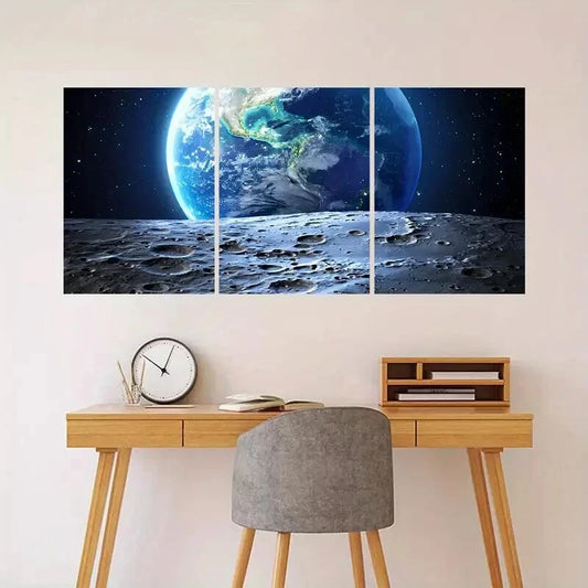 3pcs Realistic Earth & Lunar Landscape Metal Print Ready to Hang Art