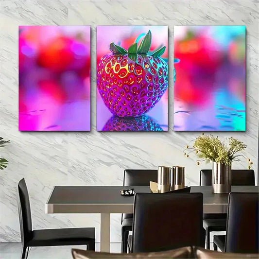 3pcs Vibrant Holographic Strawberry Illustration Metal Print Ready to Hang Art