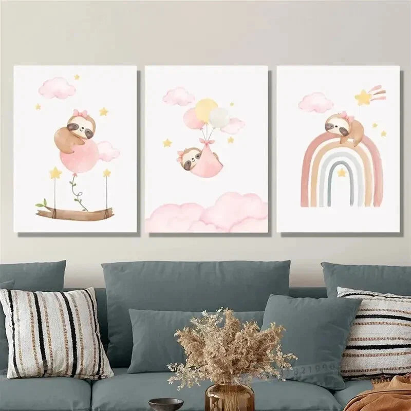 3pcs Cartoon pink baby sloth drawing, wildlife, Metal Print Ready to Hang Art