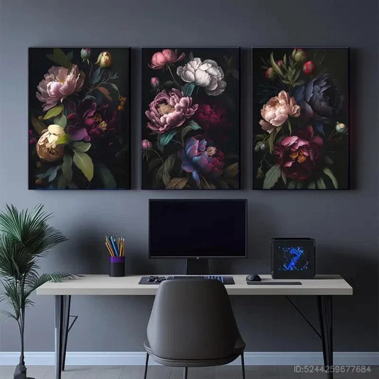 3pcs Floral Art on Dark Background Vintage Metal Print Ready to Hang Art