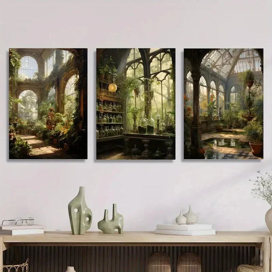 3pcs Depicting a Victorian Botanical Garden, Metal Print Ready to Hang Art