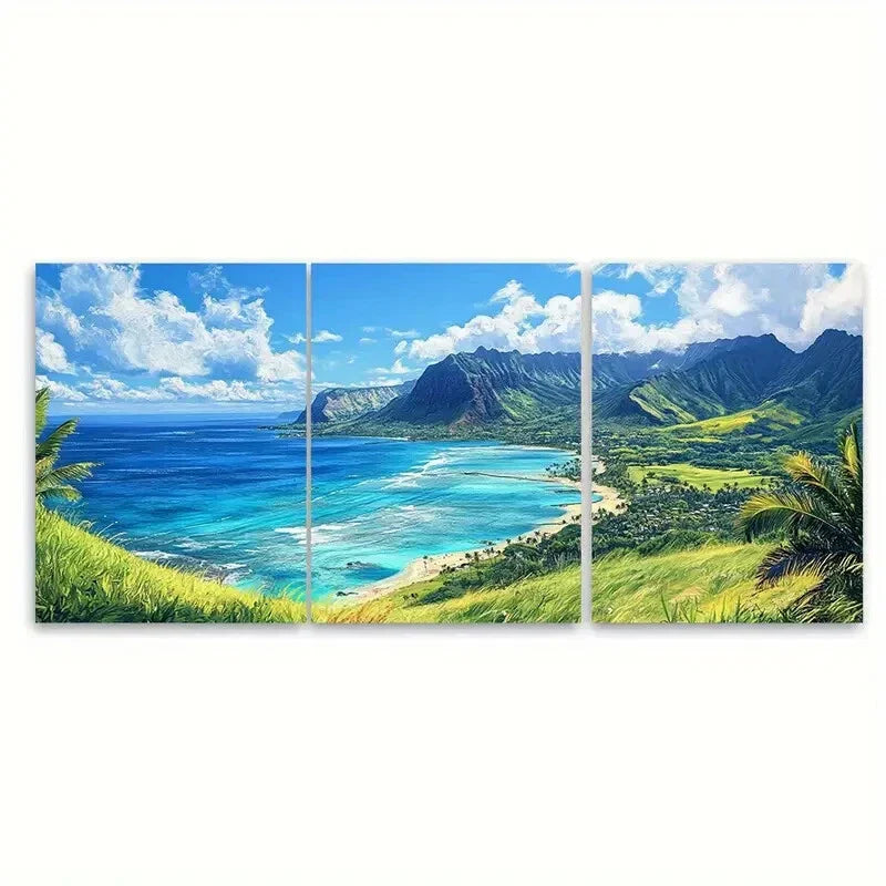 3pcs Hawaii Scenic Landscape Oahu Beach & Mountain Metal Print Ready to Hang Art