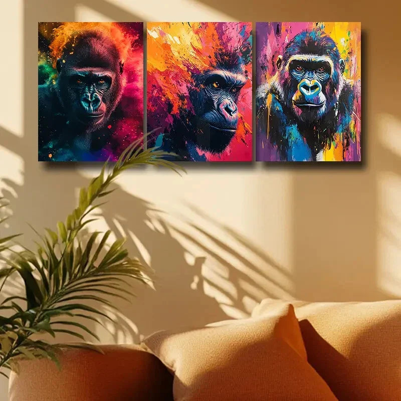 3pcs Colorful Abstract Gorilla Paintings Metal Print Ready to Hang Art