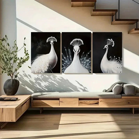 3pcs Dark Aesthetic Elegant White Peacock Metal Print Ready to Hang Art