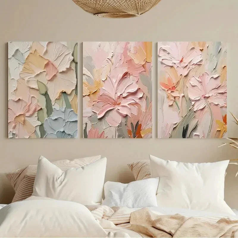 3pcs Flower Painting on Abstract Creamy Metal Print Ready to Hang Art