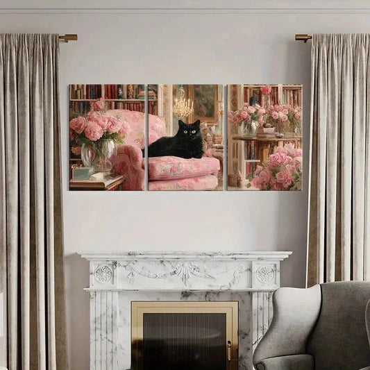 3pcs Vintage Elegant Black Cat Pink Roses Metal Print Ready to Hang Art