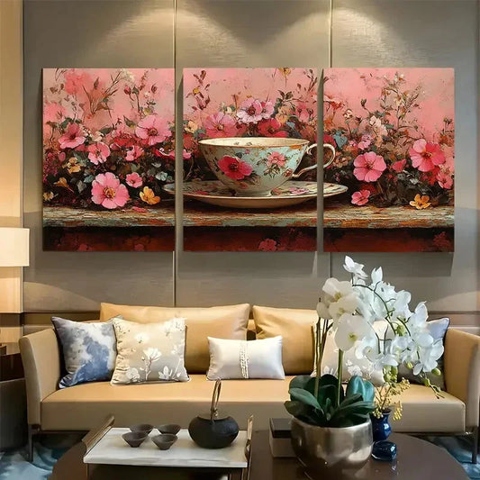 3pcs Floral Teacup in Botanical Pink Cottagecore Metal Print Ready to Hang Art