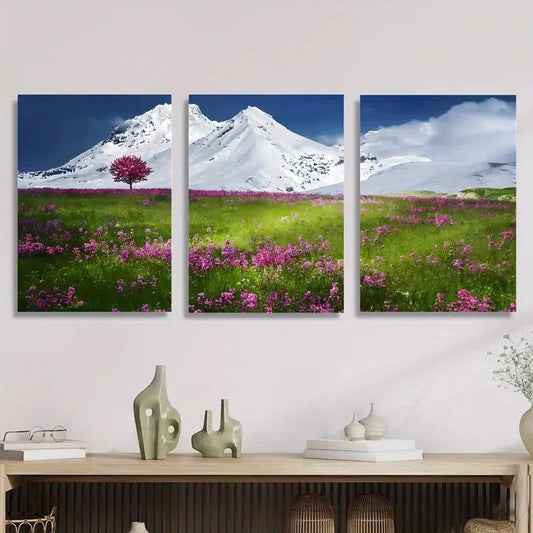 3pcs Mountain & Wildflowers Landscape, Metal Print Ready to Hang Art