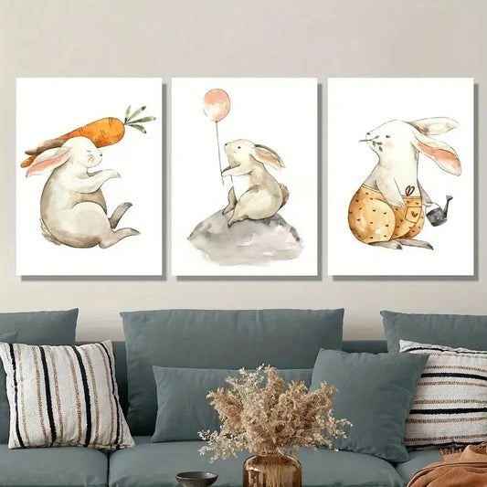 3pcs Cartoon Bunnies with Carrot & Balloon, Metal Print Ready to Hang Art Metal Print Ready to Hang Art