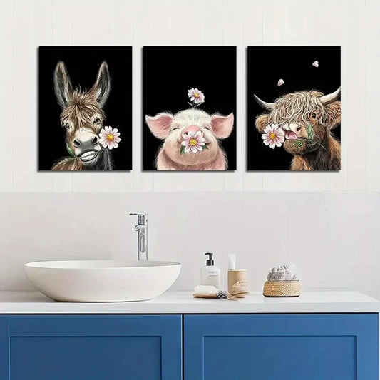 3pcs Cute Donkey Pig Highland Cow with Daisy Flowe Metal Print Ready to Hang Art
