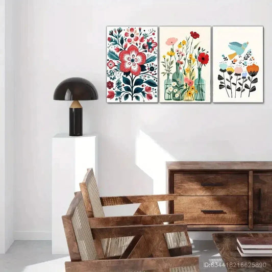 3pcs Wildflowers in Pot on Beige Background Metal Print Ready to Hang Art