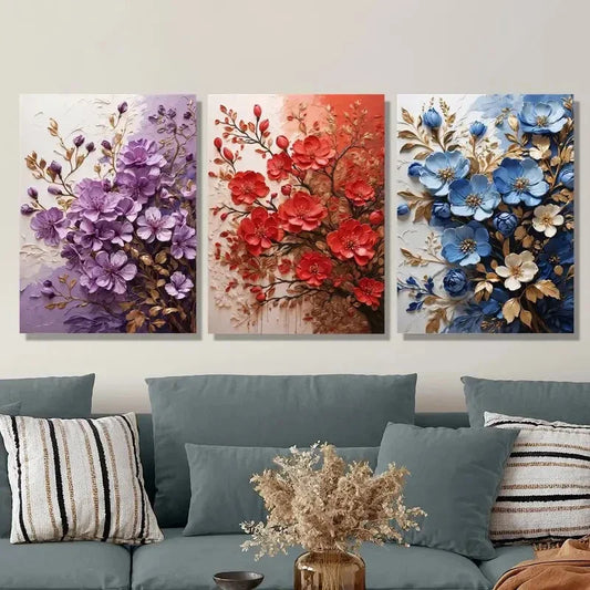 3pcs flower branch art paintings, colorful flower Metal Print Ready to Hang Art