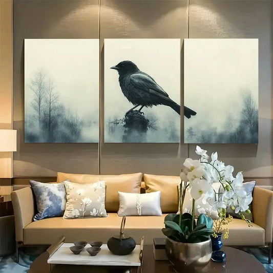 3pcs Black Bird Silhouette in Neutral Tones Metal Print Ready to Hang Art