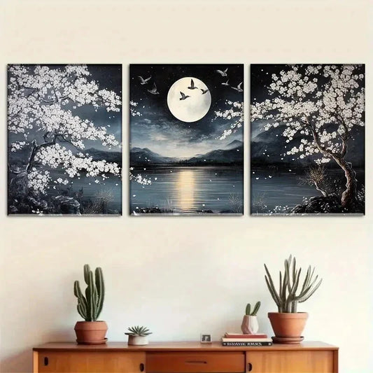3pcs Nighttime Cherry Blossom Landscape Metal Print Ready to Hang Art