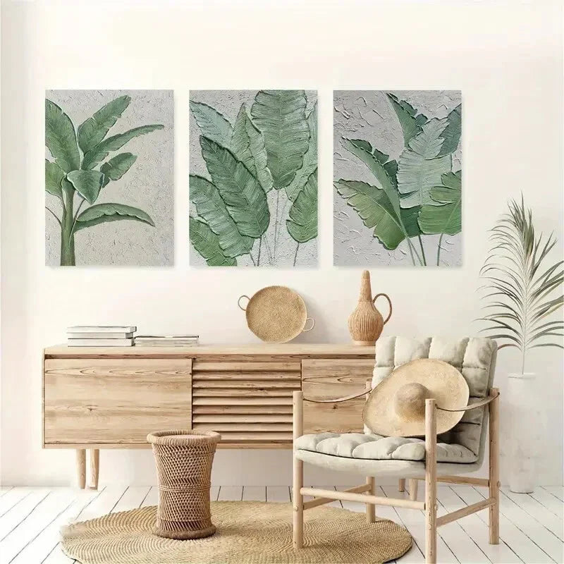 3pcs Green Minimalist Textured Leaves Metal Print Ready to Hang Art