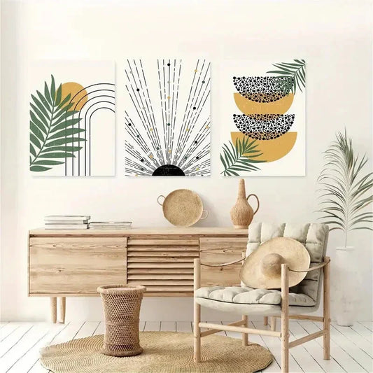 3pcs Mustard, Black, Green Boho Botanical Abstract Metal Print Ready to Hang Art