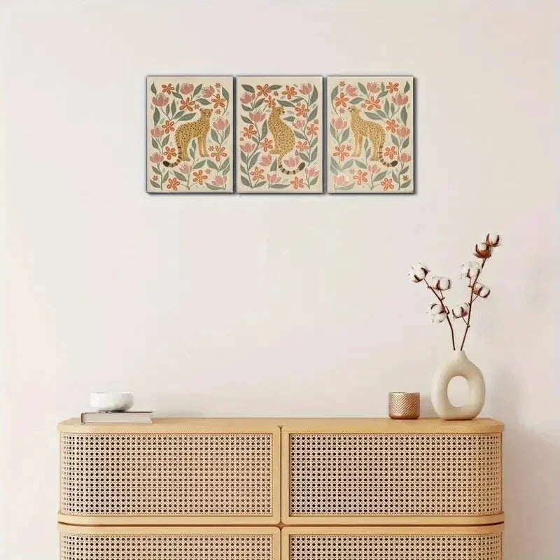 3pcs Cheetah & Floral Mid-Century Vintage Style Metal Print Ready to Hang Art