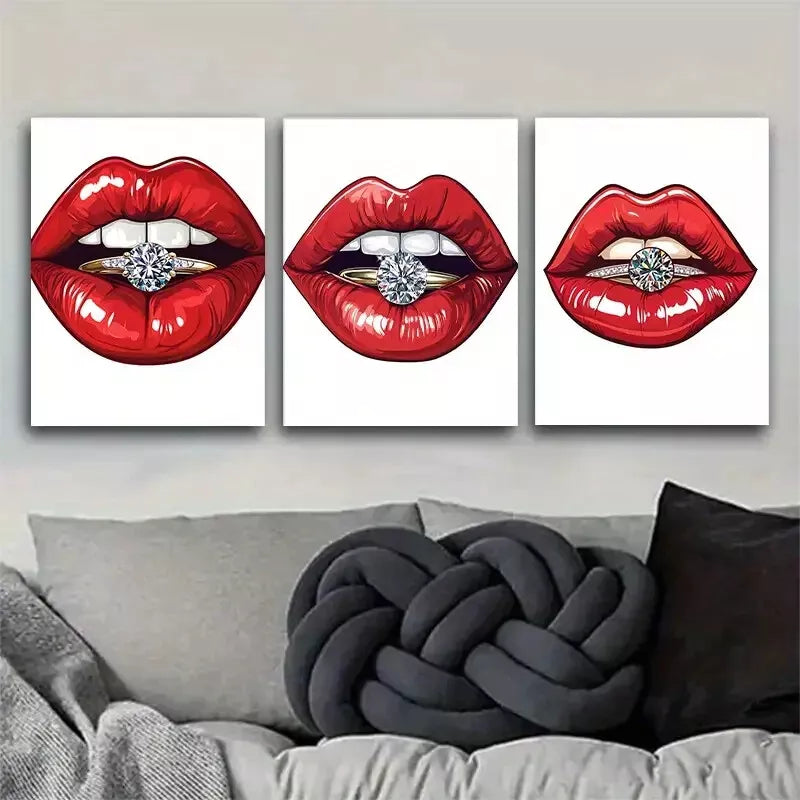 3pcs Glamorous Red Lips with Diamond Ring Wall Art Set Canvas Framed 40x60cm - High Quality Print 100% Australian Made Wall Canvas Ready to Hang