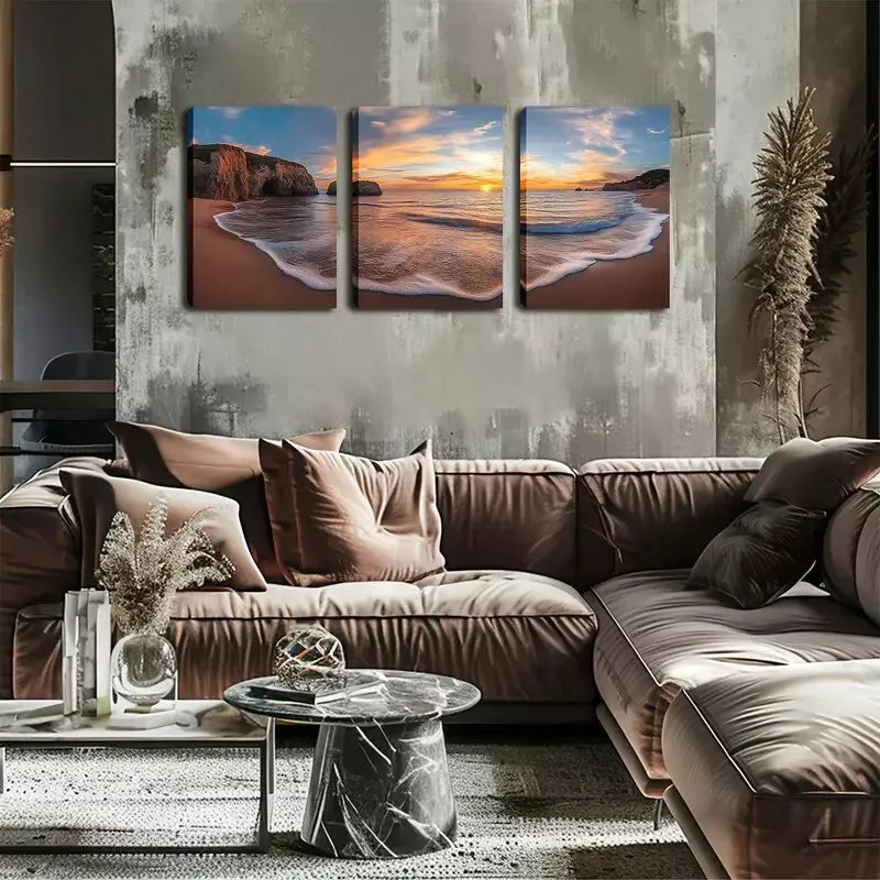 3pcs Stunning White Waves, Sea Level Sunset Wall Art Set Canvas Framed 40x60cm - High Quality Print 100% Australian Made Wall Canvas Ready to Hang