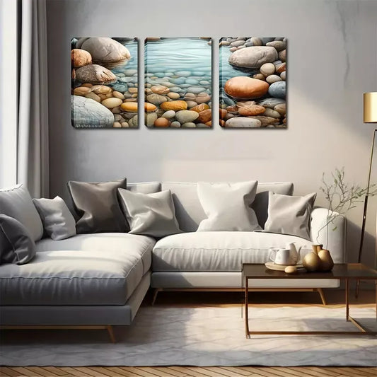 3pcs Oil Painting, Pebbles And Streams, Wall Art Set Canvas Framed 40x60cm - High Quality Print 100% Australian Made Wall Canvas Ready to Hang
