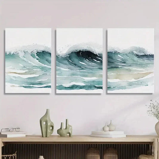 3pcs , Ocean waves watercolor painting, Metal Print Ready to Hang Art
