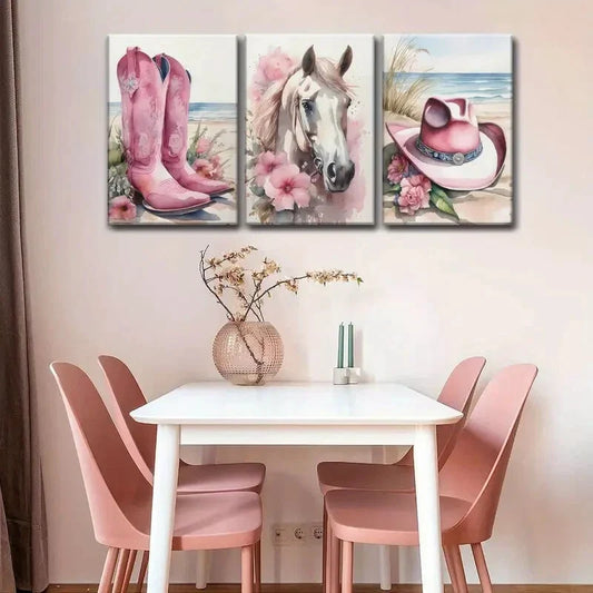 3pcs Coastal Cowboy Canvas Wall Art Western Girl Metal Print Ready to Hang Art