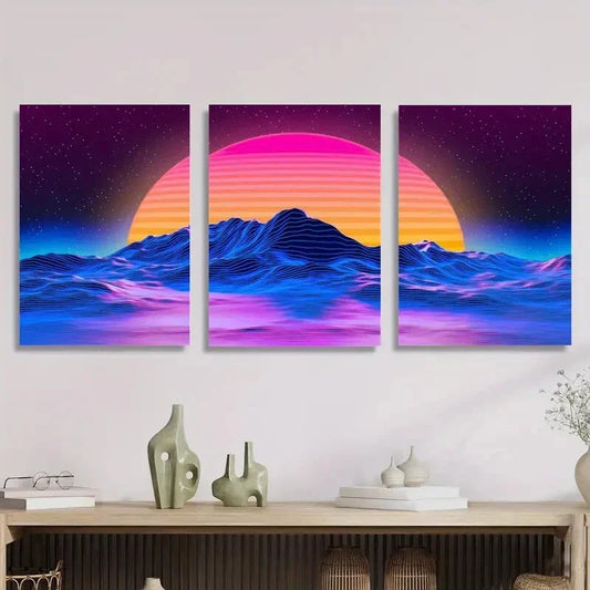 3pcs Sunset Landscape with Psychedelic Purple , Metal Print Ready to Hang Art