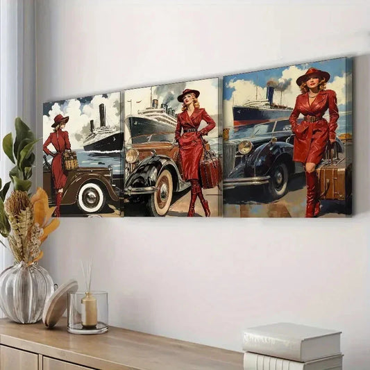 3pcs Featuring a Retro Modern Girl, Wall Art Set Canvas Framed 40x60cm - High Quality Print 100% Australian Made Wall Canvas Ready to Hang