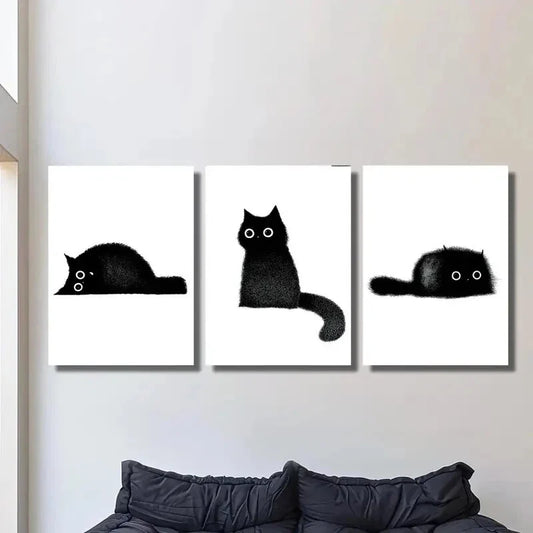 3pcs Cute black cat, black little coal cat, Metal Print Ready to Hang Art