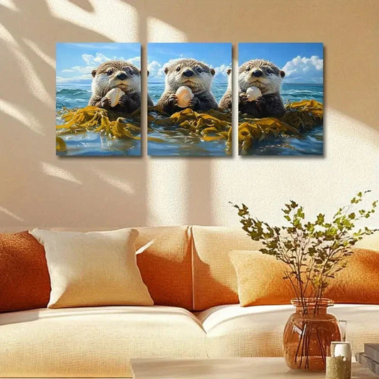 3pcs Three Lovely Otters with Shells Metal Print Ready to Hang Art