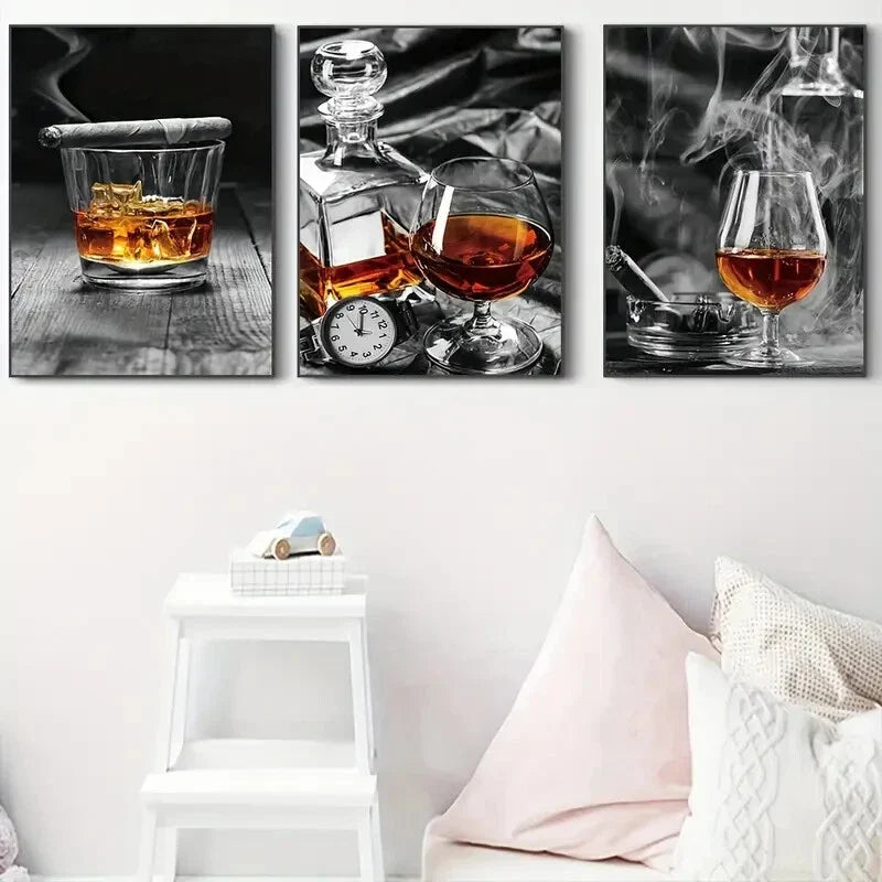 3pcs Vintage Bottle and Glass Theme, Metal Print Ready to Hang Art