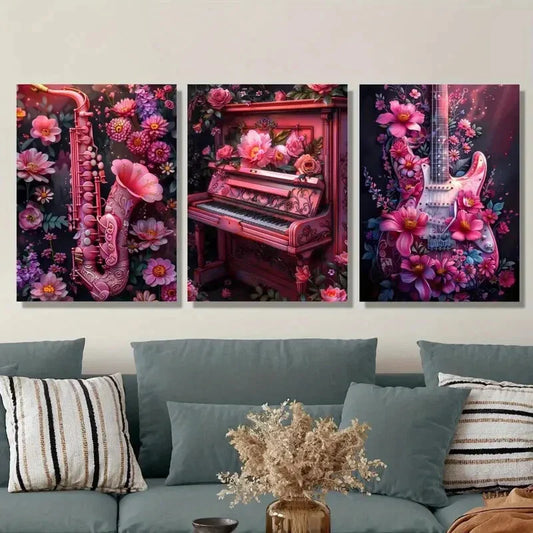 3pcs Pink Flowers, a Saxophone, a Guitar, And Metal Print Ready to Hang Art