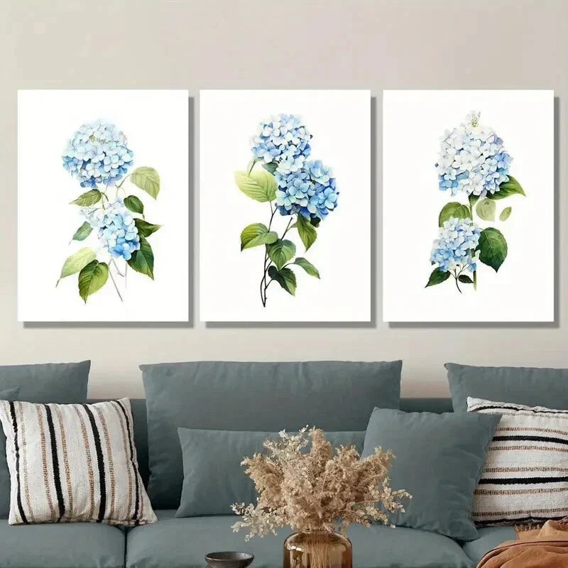 3pcs Blue Hydrangea Floral with Green Leaves Metal Print Ready to Hang Art