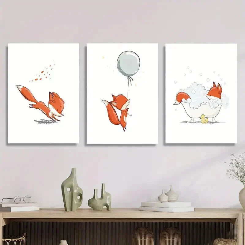 3pcs Vibrant Cartoon Foxes in Playful Scenes Wall Art Set Canvas Framed 40x60cm - High Quality Print 100% Australian Made Wall Canvas Ready to Hang