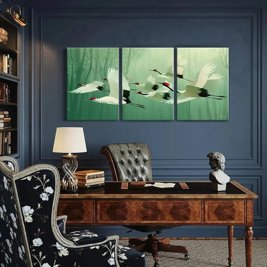 3pcs Elegant White Crane Zen Forest Scene Metal Print Ready to Hang Art