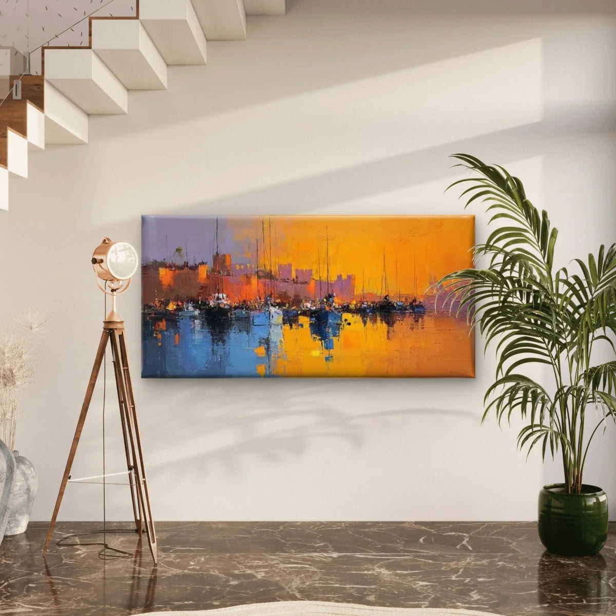 Abstract Coastal Maritime Cityscape Wall Art Canvas Office Home Room Framed 80x45cm