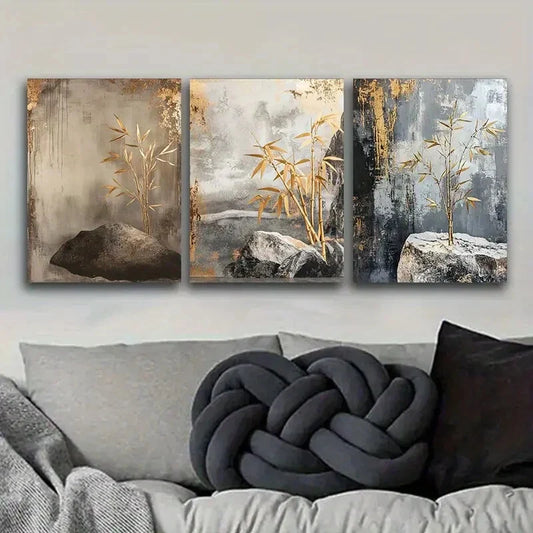 3pcs Art Painting Golden Bamboo Metal Print Ready to Hang Art