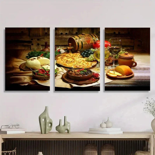 3pcs Georgian cuisine, pizza cheese and wine Metal Print Ready to Hang Art