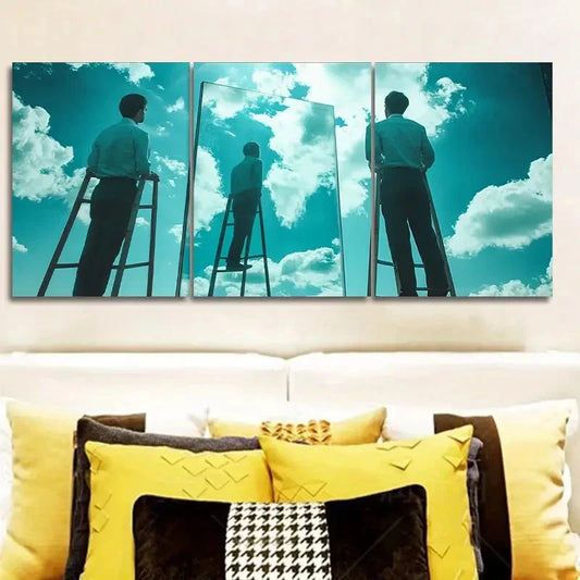 3pcs Surreal Film Triptych with Ladder & Sky Wall Art Set Canvas Framed 40x60cm - High Quality Print 100% Australian Made Wall Canvas Ready to Hang