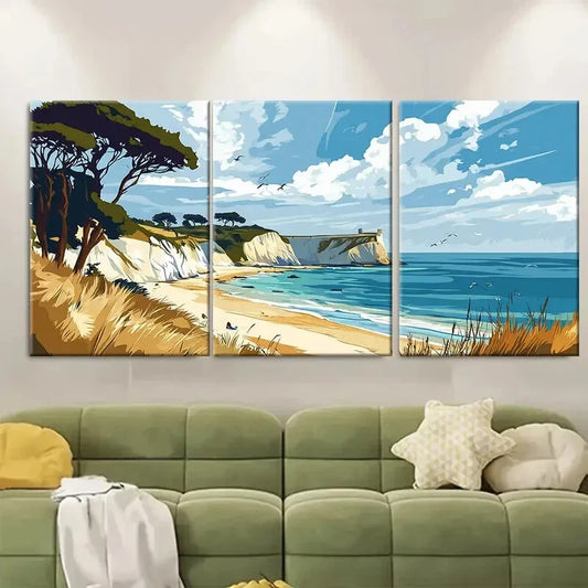 3pcs Studland Bay Coastal Beach Scene with Cliffs Metal Print Ready to Hang Art